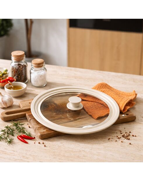 Couvercle multi taille en verre trempé et silicone beige - 26/28/30cm