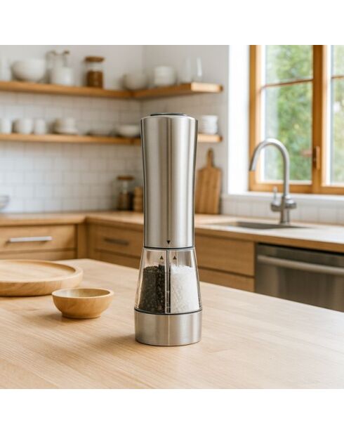 Moulin poivre et sel 2en1 en acier inoxydable - H.21.5cm