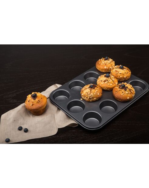 Bandeja antiadherente negra de acero al carbono para 12 magdalenas, de acero al carbono, para 12 magdalenas, 355 x 270 x 30 cm