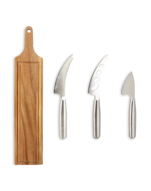 Planche à découper en bois d'acacia avec 3 couteaux à fromage inox
naturel - 59x12 cm