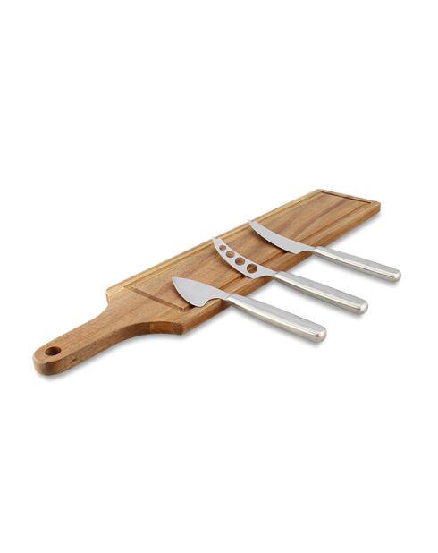 Planche à découper en bois d'acacia avec 3 couteaux à fromage inox
naturel - 59x12 cm
