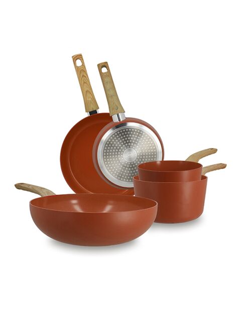 Set 5 pièces casserole poêle wok en aluminium induction teracotta - 475 x 280 x 110 cm