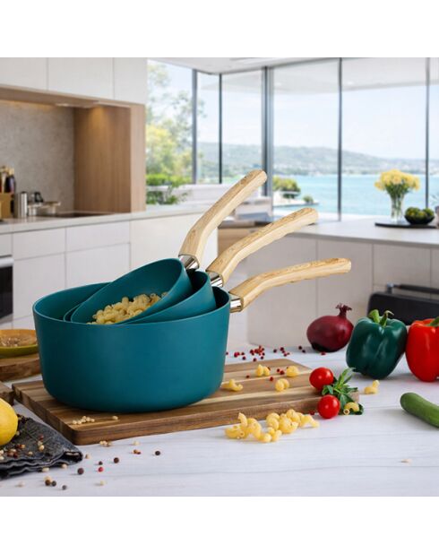 Set 3 casseroles aluminium compatibl induction bleu canard - 16/18 et 20cm