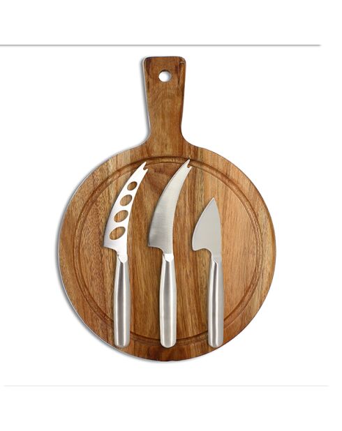 Ronde snijplank van acacia met 3 roestvrijstalen kaasmessen
naturel - 24cm