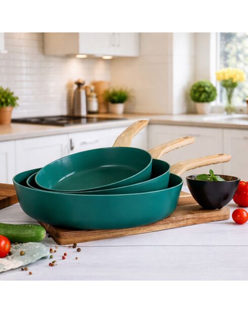 Set de 3 sartenes de aluminio compatibles con inducción azul pato - 20/24 y 28 cm