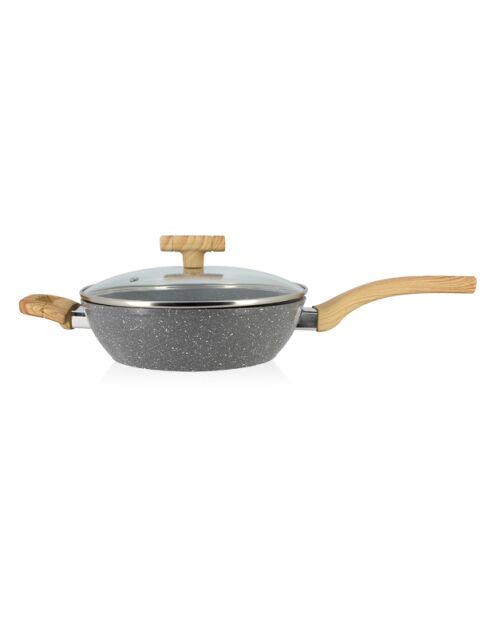 Sauteuse cannelle avec couvercle en verre et poignées bois clair - D.24cm