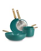Set van 5 stuks: ovenpan, pan, wokpan in aluminium, inductie, eendenblauw - 475 x 280 x 110 cm