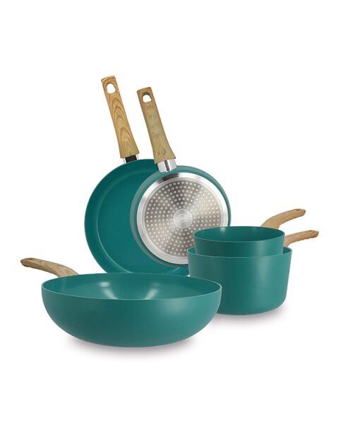 Set van 5 stuks: ovenpan, pan, wokpan in aluminium, inductie, eendenblauw - 475 x 280 x 110 cm