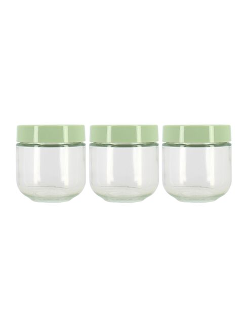 Set van 3 glazen en groene plastic potten -30cl