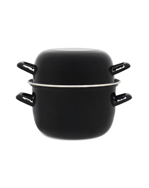 Muscheltopf aus schwarz emailliertem Stahl mit Deckel 0,60 mm - D.18 cm