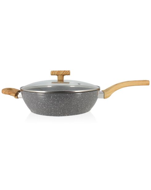 Sauteuse cannelle avec couvercle en verre et poignées bois clair - D.28cm
