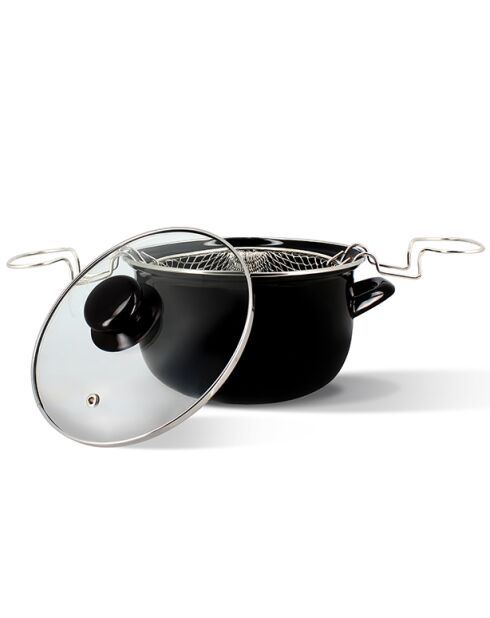Fritteuse aus schwarz emailliertem Stahl mit Deckel und Edelstahlkorb - D.20cm