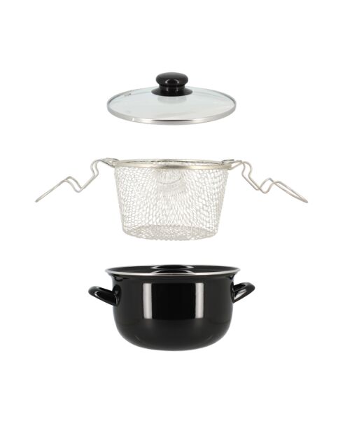 Fritteuse aus schwarz emailliertem Stahl mit Deckel und Edelstahlkorb - D.20cm