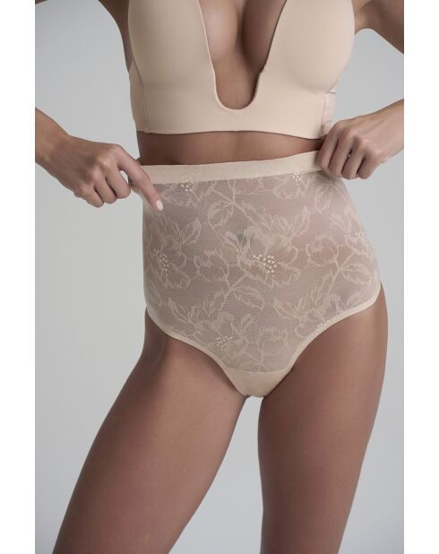 String gainant taille haute en dentelle beige