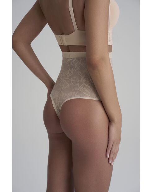 String gainant taille haute en dentelle beige