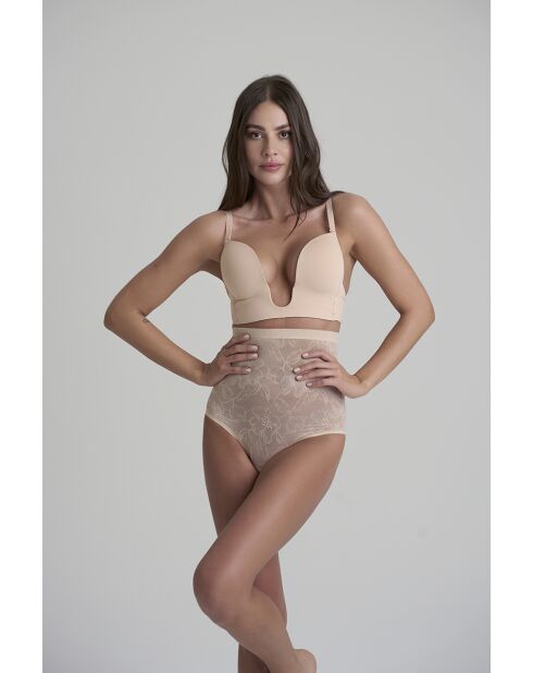 Culotte gainante taille haute en dentelle beige