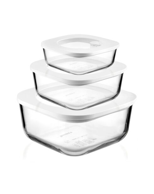 Set de 3 recipientes de vidrio herméticos blancos - 9,3x19,5x19,5 cm