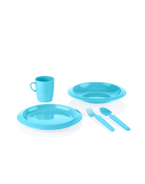 Set assiette plate + assiette creuse + petit verre + petites couverts bleu mat - 23,5x6,8x27 cm
