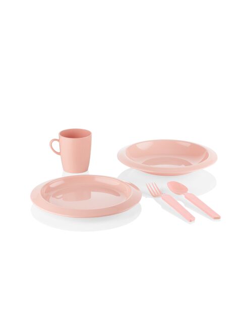 Set assiette plate, assiette creuse, petit verre, petites couverts rose pastel - 23,5x6,8x27 cm