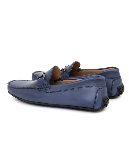 100% blauwe leren loafers met mocbuckle