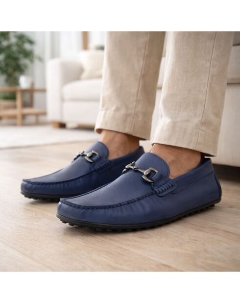 100% blauwe leren loafers met mocbuckle