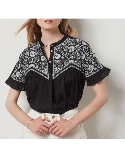 Schwarzes besticktes Mao-Shirt