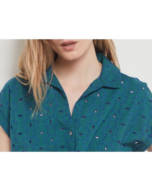 Geborduurd blauwgroen overhemd Leona