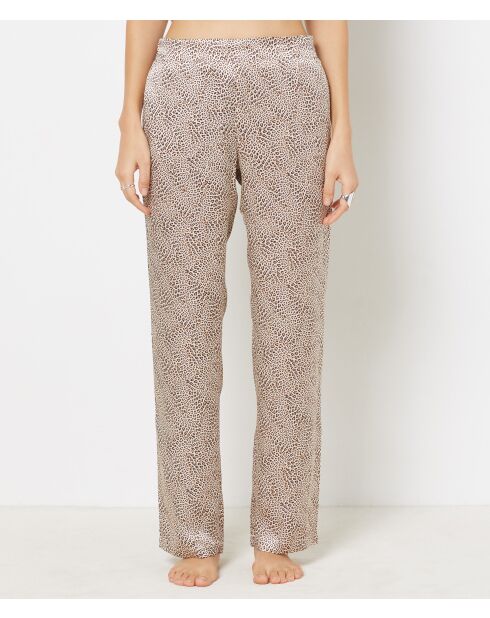 Parelkleurige broek met bruine achtergrondprint