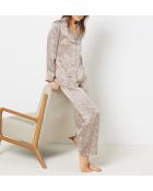 Perlenfarbene Hose mit braunem Hintergrunddruck