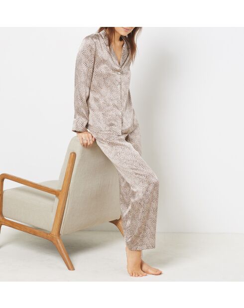 Parelkleurige broek met bruine achtergrondprint