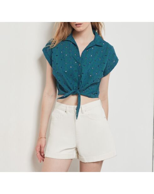 Geborduurd blauwgroen overhemd Leona