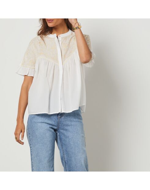 Ecrufarbenes besticktes Mao-Shirt