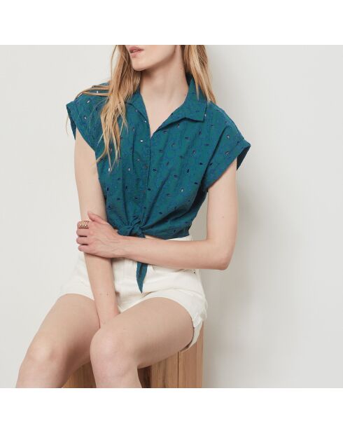 Geborduurd blauwgroen overhemd Leona