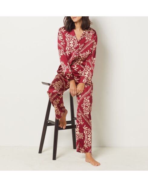 Bordeauxrode broek met granaatrode bloemen