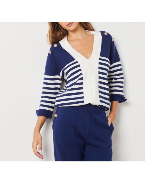 Pullover Coralise V ecru/blau