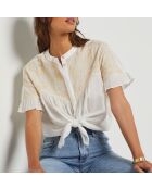 Ecrufarbenes besticktes Mao-Shirt