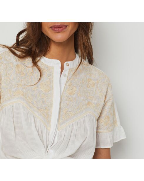 Ecrufarbenes besticktes Mao-Shirt