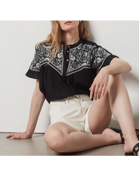 Schwarzes besticktes Mao-Shirt