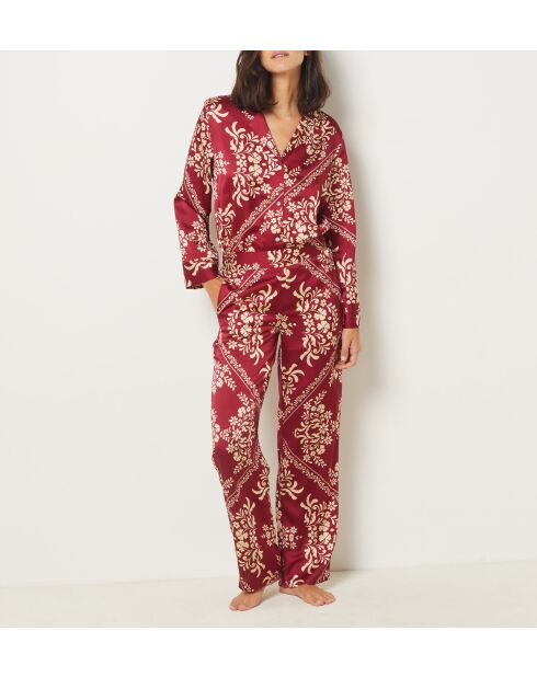 Bordeauxrode broek met granaatrode bloemen