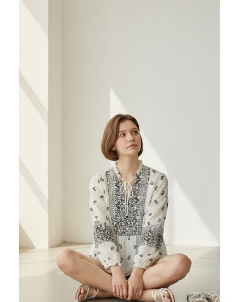 Chemise en lin mélangé Louisa noir/blanc