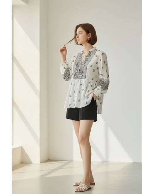 Chemise en lin mélangé Louisa noir/blanc