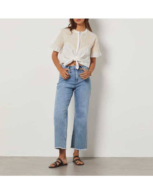 Ecrufarbenes besticktes Mao-Shirt