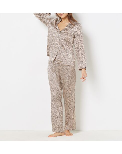 Parelkleurige broek met bruine achtergrondprint