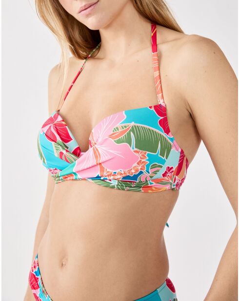 Klassieke push-up bh zonder beugel en met schelp Hibiscusprint blauwgroen