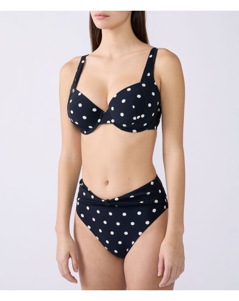 Klassischer BH ohne Bügel und mit Polky-Shell bedruckt auf schwarzem Hintergrund