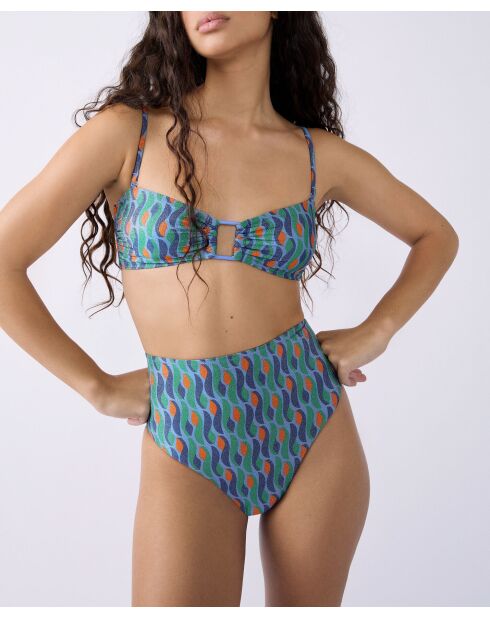 Bas de bikini taille haute Sao imprimé fond bleu