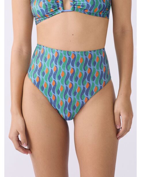 Bas de bikini taille haute Sao imprimé fond bleu