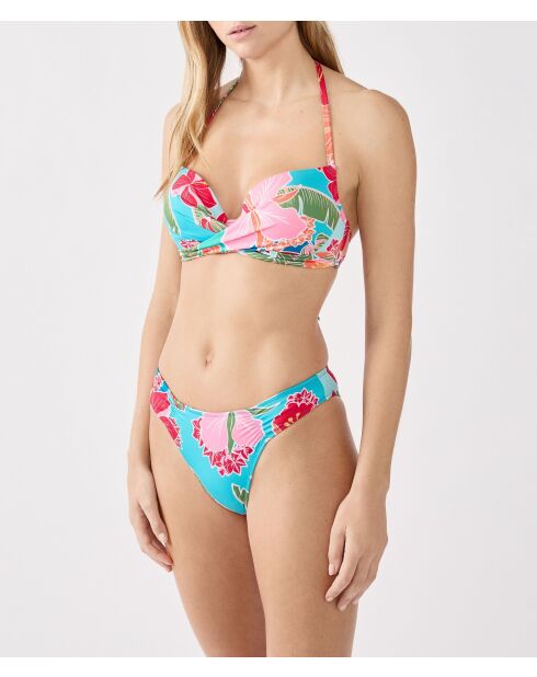 Klassieke push-up bh zonder beugel en met schelp Hibiscusprint blauwgroen