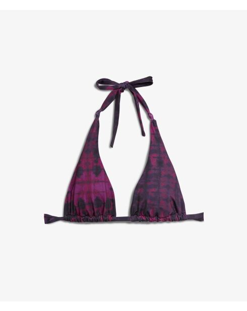 Driehoekige hipster-bh zonder beugel en zonder schelp gedrukt op een paarse achtergrond.