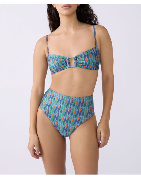 Bas de bikini taille haute Sao imprimé fond bleu